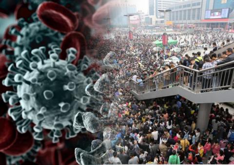 Коллаж: картинка коронавируса и граждане Китая спускаются по лестнице Коллаж: картинка коронавируса, граждане Китая, лестница