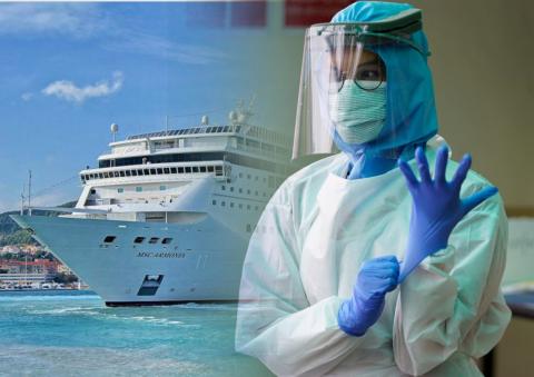 Коллаж: круизный лайнер MSC Cruises и Медик в перчатках и костюме от коронавируса