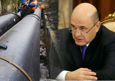 Коллаж: трубы теплоснабжения, председатель правительства России Михаил Мишустин