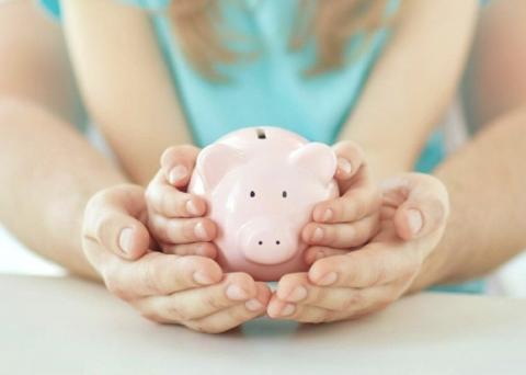 Руки девочки и женщины держат копилку в виде свиньи Руки, копилка