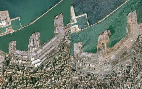 спутниковые снимки порта Бейрута после взрыва