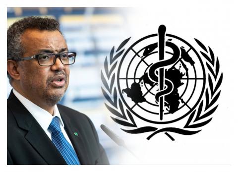Глава ВОЗ Тедрос Аданом Гебрейесус на фоне эмблоемы ВОЗ Гебрейесус ВОЗ